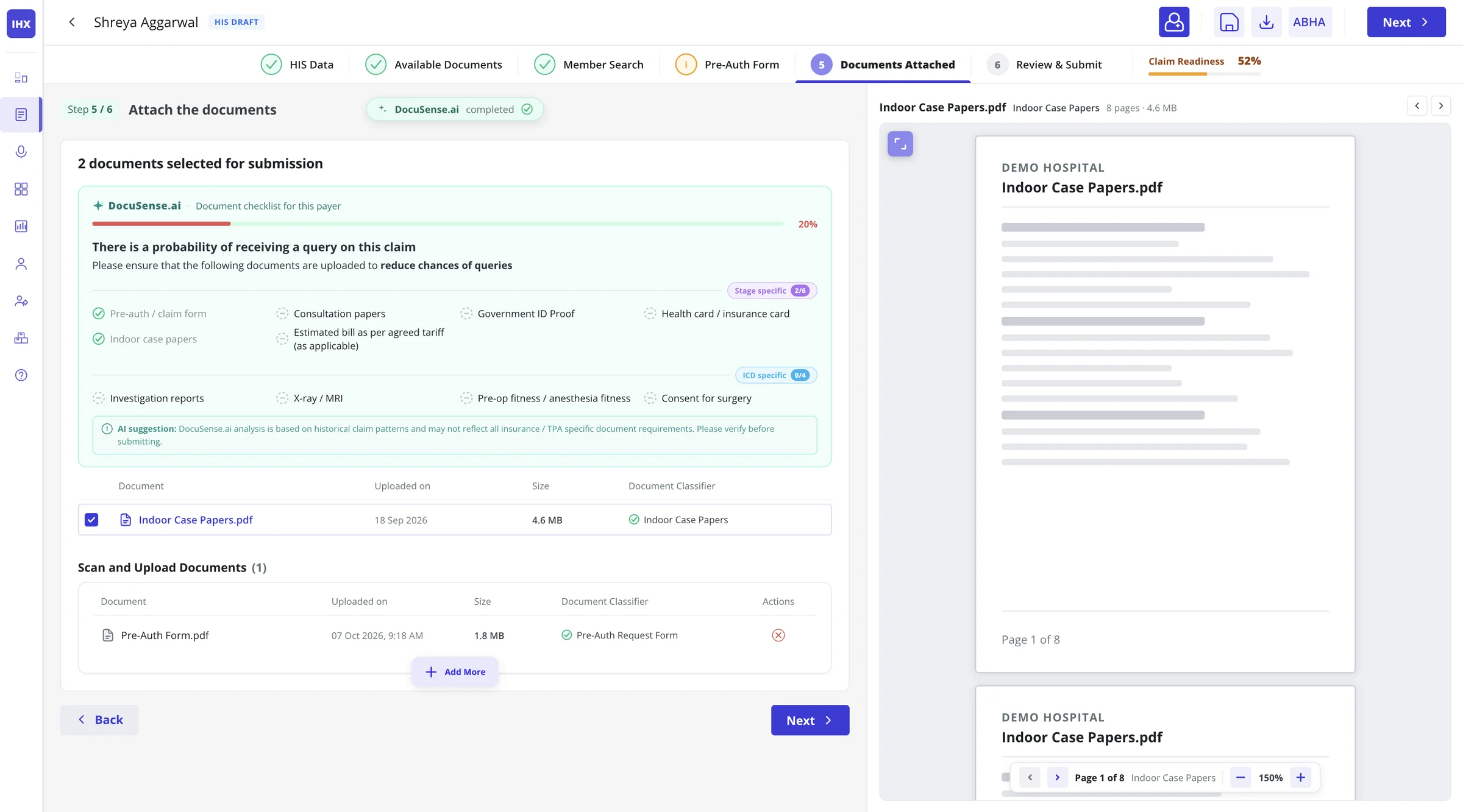 DocuSense on the Documents Attached step: 20% mandatory document completion, and the stage-specific and ICD-specific document checklist with the AI disclaimer.