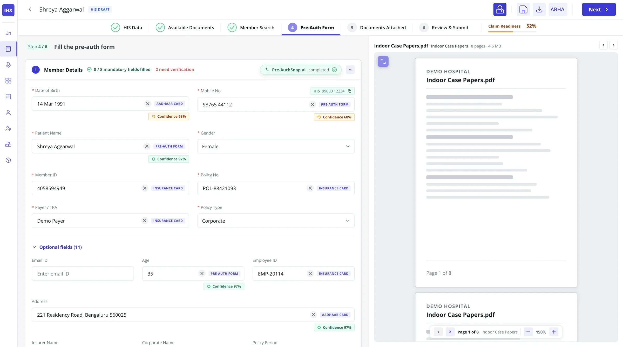 PreAuthSnap on the Pre-Auth Form step: Member Details filled, 8 of 8 mandatory fields, 2 need verification, each field tagged with its source and a confidence score.