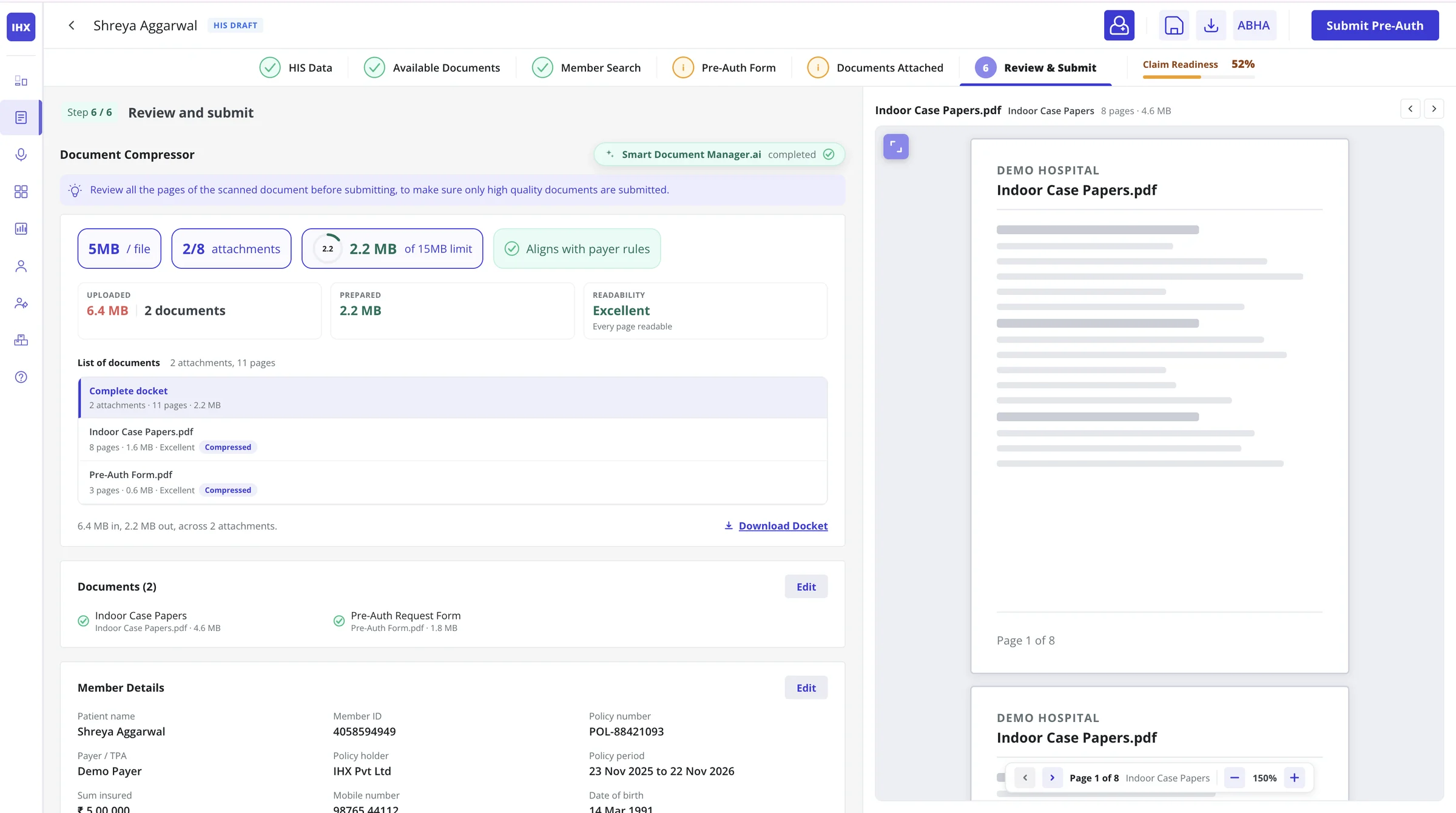 SDMS.ai on the Review and Submit step: 6.4 MB uploaded, 2.2 MB prepared, 2 of 8 attachments, within the 15 MB limit, readability excellent, aligned with payer rules.
