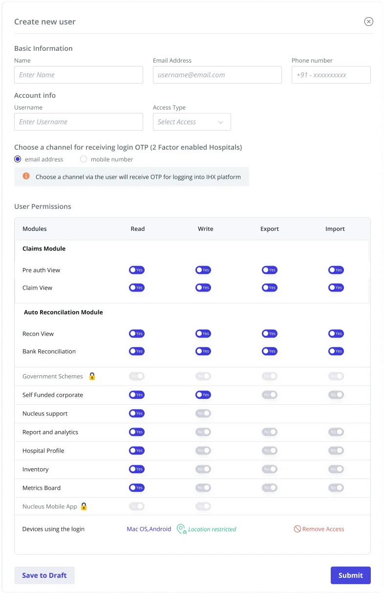 Create New User modal, basic info and OTP channel selection, with per-module Read/Write/Export/Import permissions