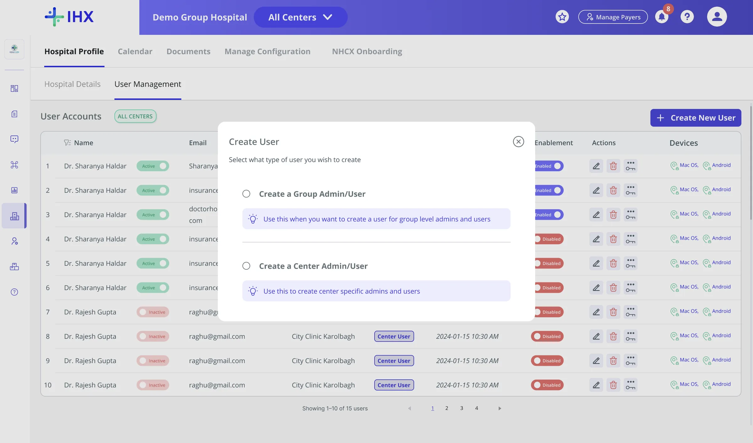 Create User role branch: Group Admin/User vs Center Admin/User