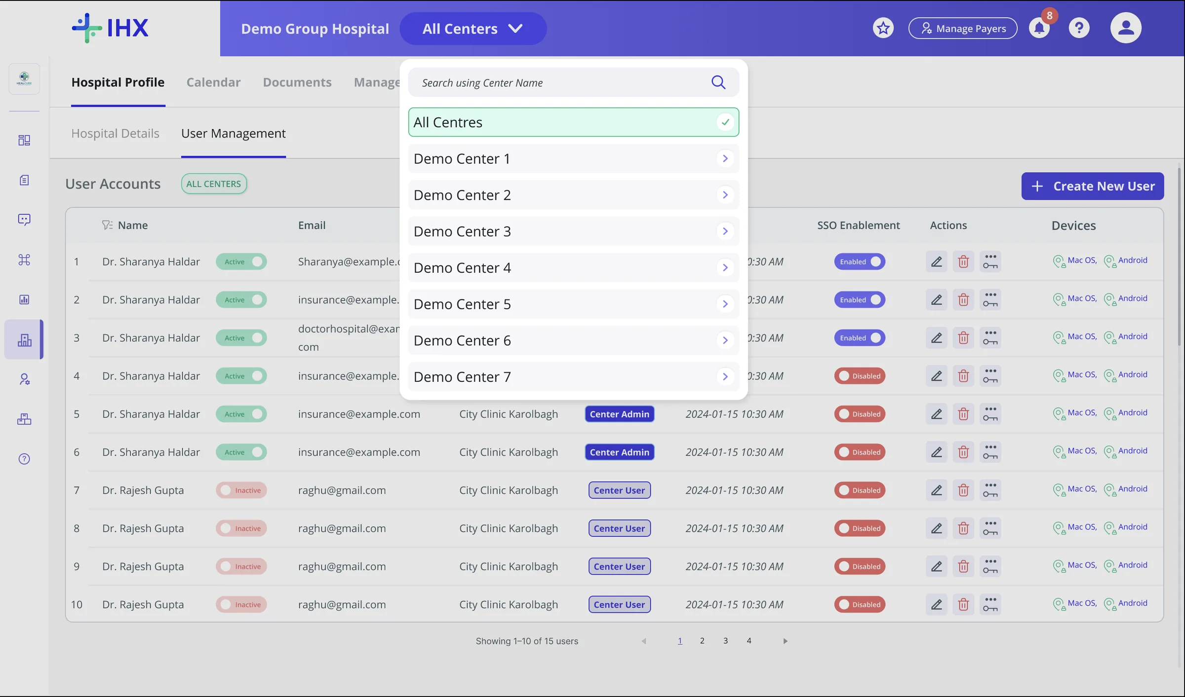 Center switcher dropdown open, listing every center under the group with an All Centres option