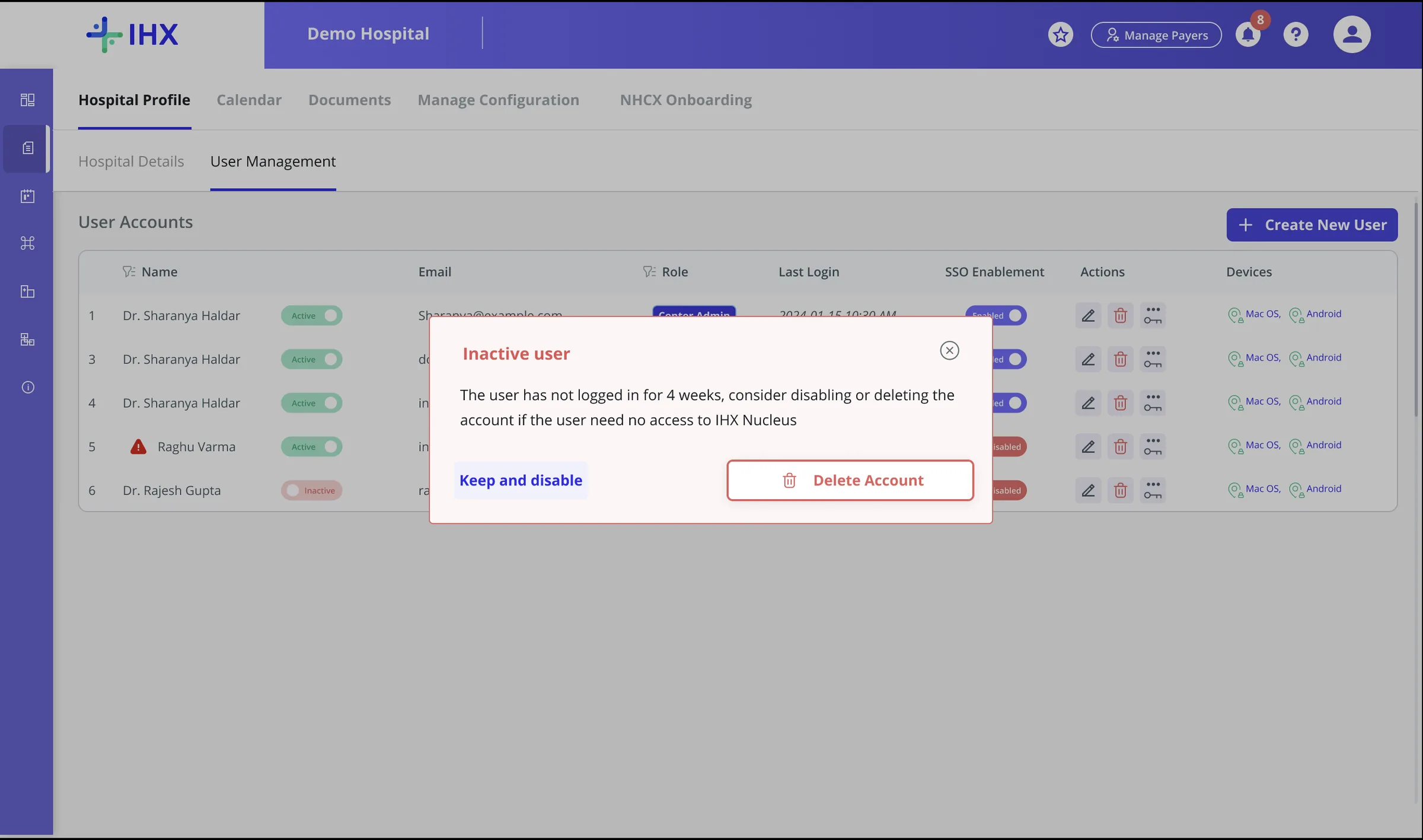 Inactive user popup prompting Keep and disable or Delete Account after four weeks with no login