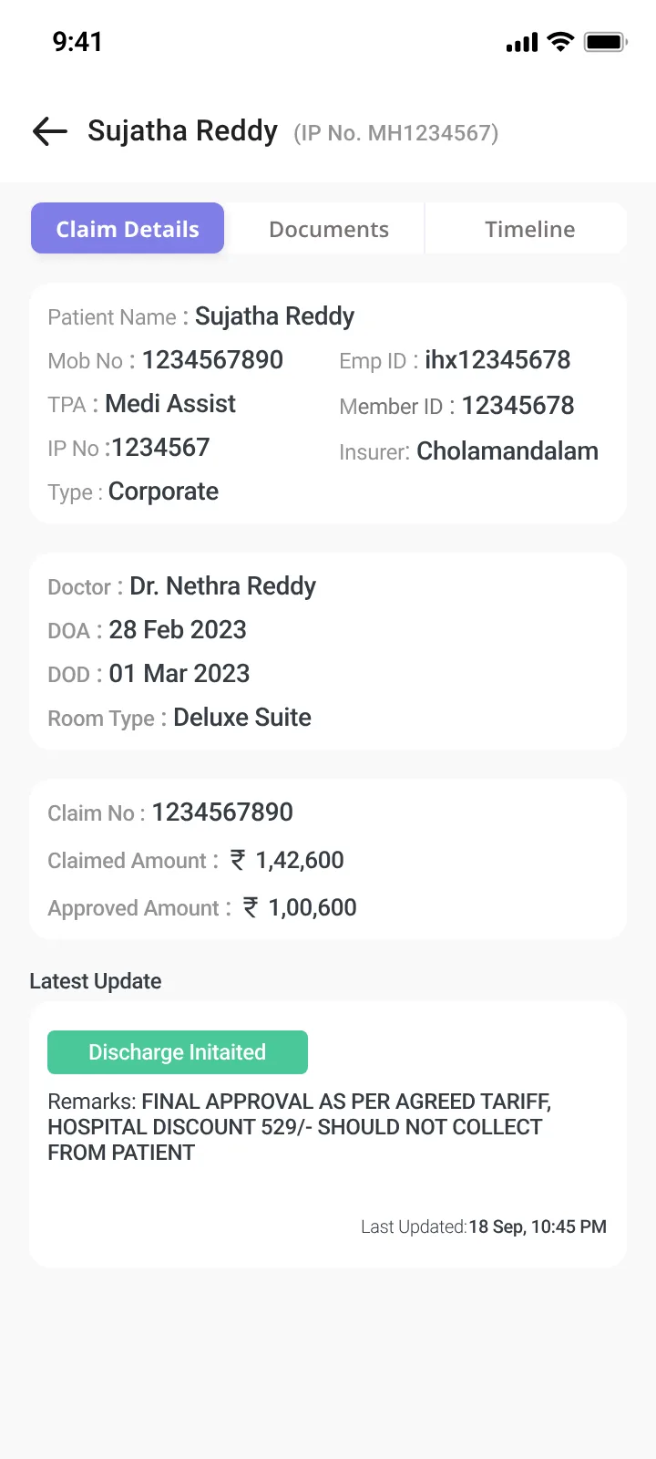 Claim details grouped into patient, stay and amount cards, with the latest update and insurer remarks