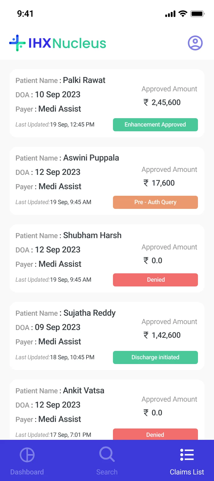 Claim list cards with approved amount and colour-coded status