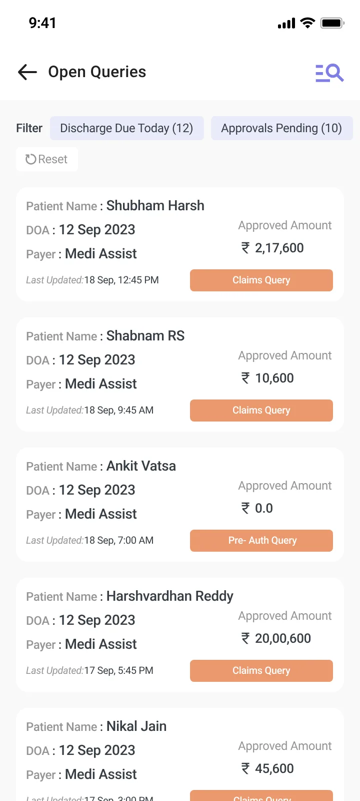 Open queries list with urgency filters