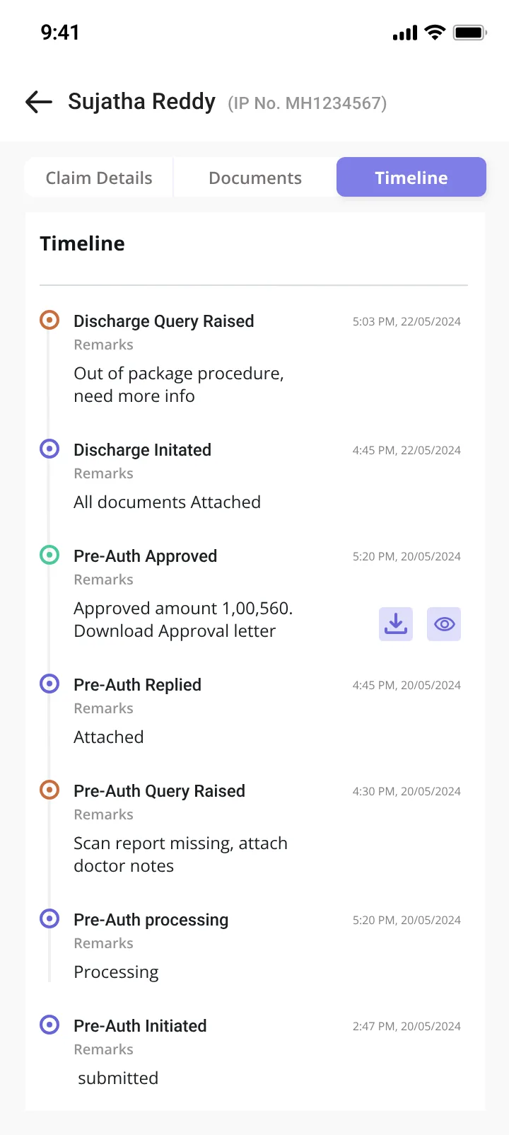 Claim timeline tab