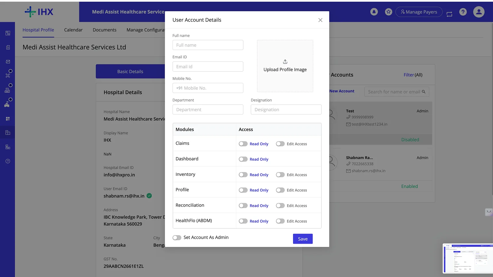 Old Create/Edit User modal with profile picture upload and flat Read Only/Edit toggles