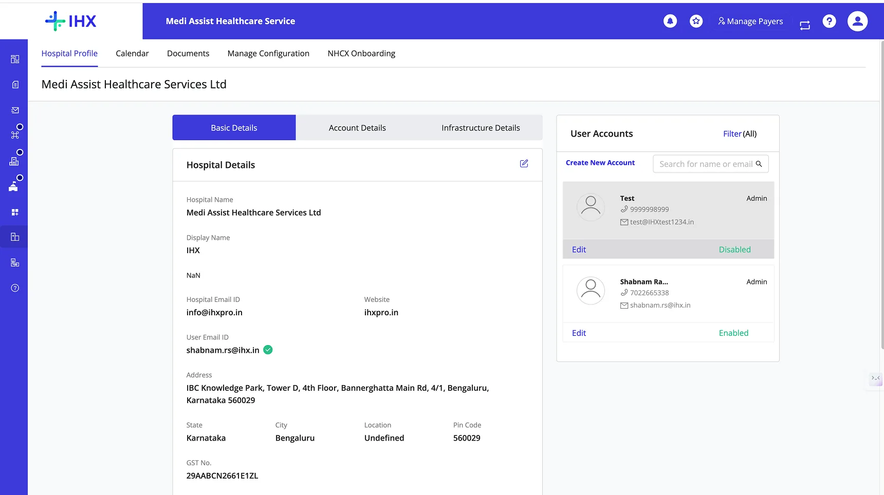 Old Hospital Profile with Account Details, Infrastructure, and cramped User Accounts panel