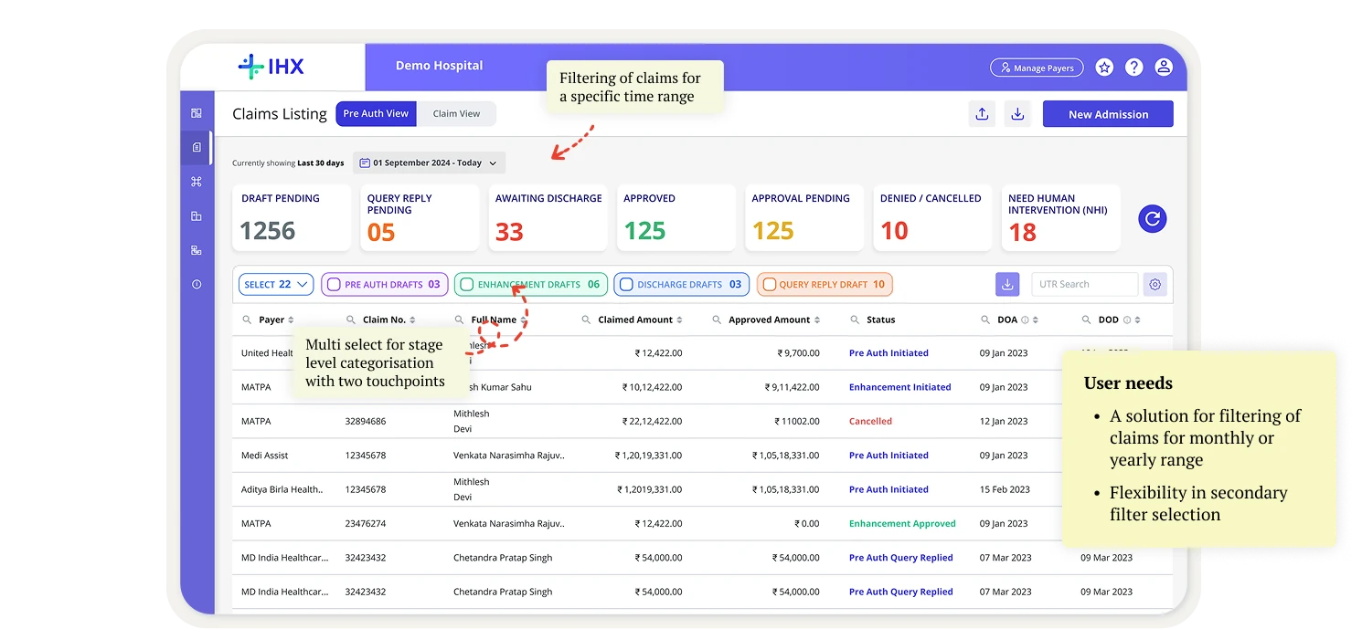 Round 3 prototype: a date filter for a specific time range and multi-select secondary filters. User needs: filtering claims by monthly or yearly range, flexibility in secondary filter selection.