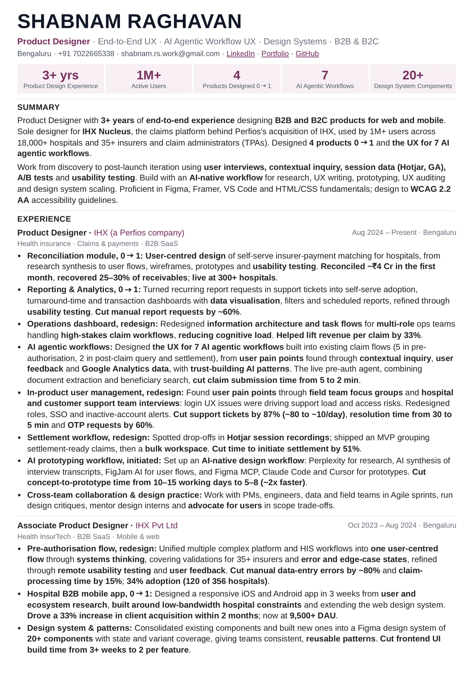 Shabnam Raghavan resume, page 1 of 2: summary, and experience as Product Designer and Associate Product Designer at IHX