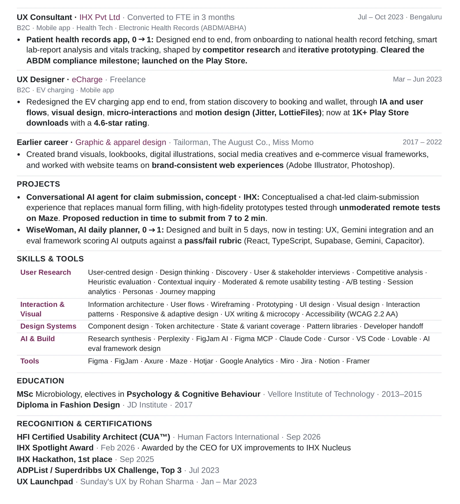 Shabnam Raghavan resume, page 2 of 2: earlier roles, projects, skills and tools, education, and recognition and certifications