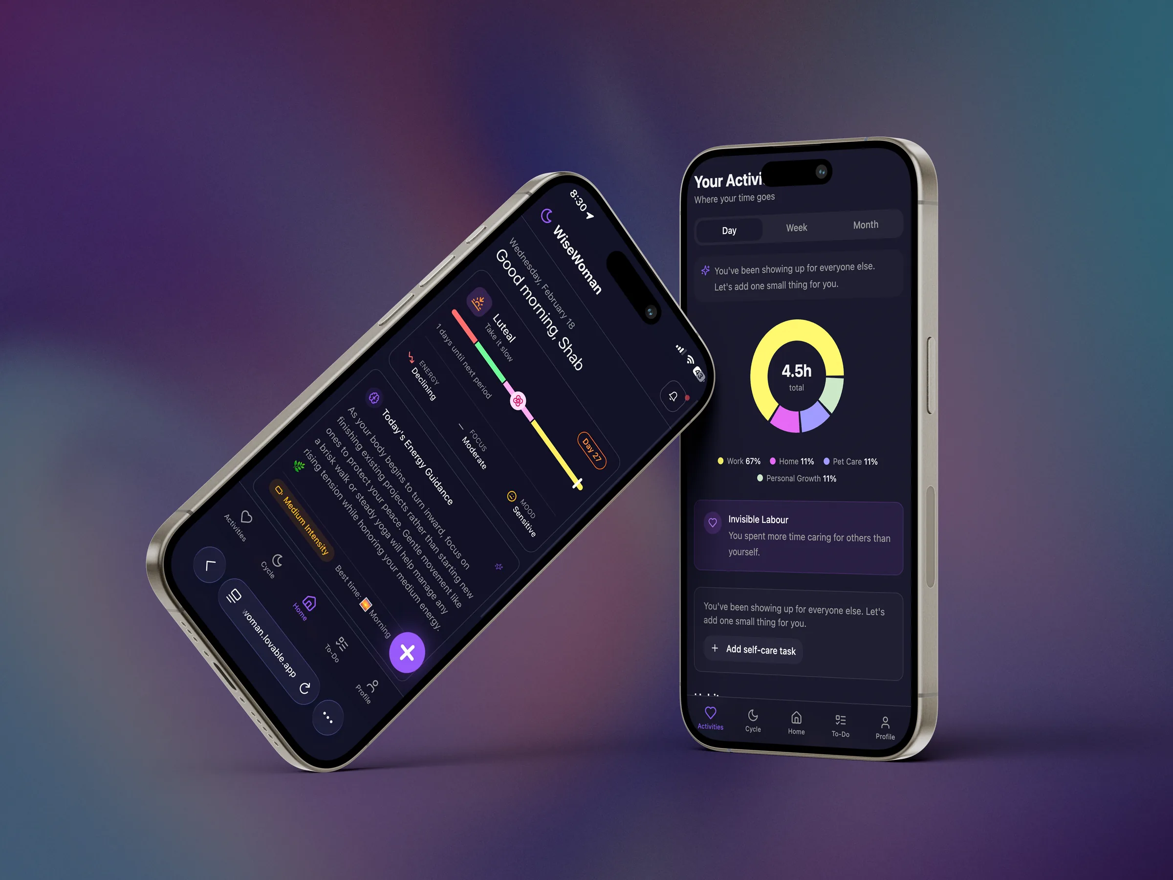 WiseWoman on two phones: the morning energy guidance and the Your Activities dashboard