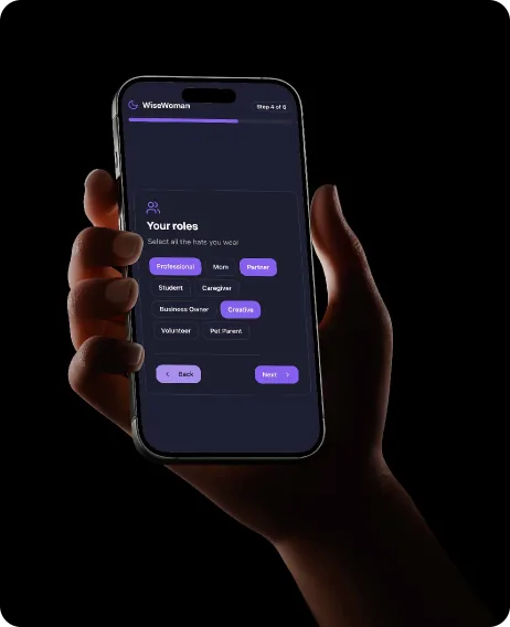 WiseWoman onboarding screen held in a hand, collecting role context