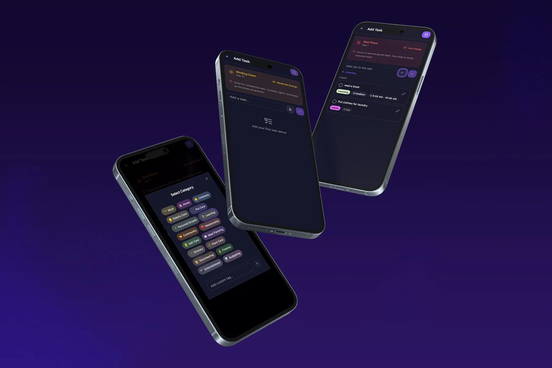 Three WiseWoman Add Task screens: category picker, empty task list, and voice capture with tasks auto-tagged by role and energy